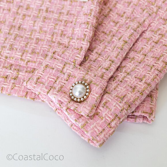 Pink Tweed Pearl Button Cropped Jacket L Blazer Preppy Academia Coastal Grandma - Picture 5 of 13